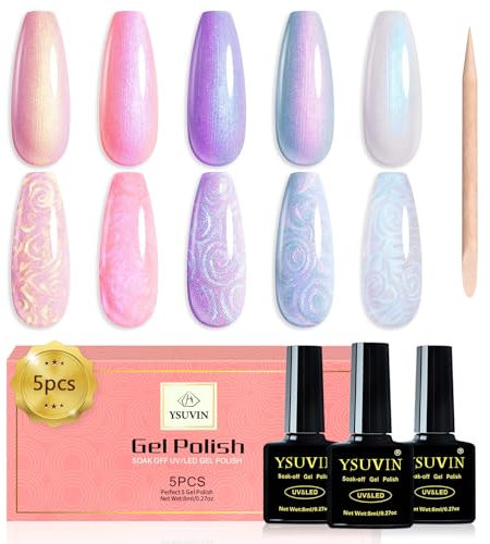 YSUVIN Smalto Semipermanente Unghie Perla, 5 Colori Bianco Rosa Viola Blu Nudo Perlescente Glitter Smalto Kit Soak Off UV/LED Shell Gel per Nail Art Salone, Perlato e Effetto Spirale