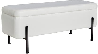 Home Source Boucle Fabric Storage Ottoman Blanket Box, Black Metal Legs, White