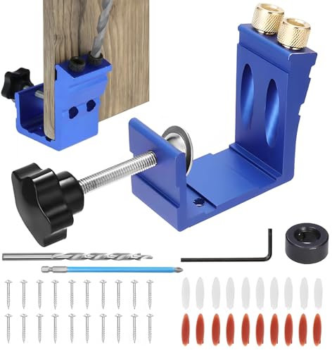 Pocket Hole Jig Kit, 47PCS Adjustable 15 Degree Pocket Hole Screw Jig, Metal Drilling Locator Woodworking Dowel Jig Kit Angled Holes Drilling Positioner Punch Locator for Carpentry, Blue