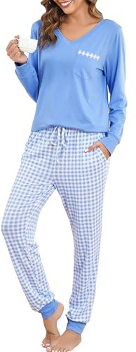 Vlazom Pyjama Femme Hiver Ensembles de Pyjama à Manche Longue Col en V Vêtements de Nuit à Carreaux Chaud Long,A-Bleu Clair,L