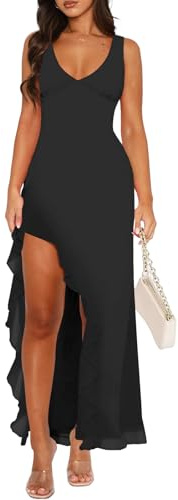 MIYIEONZ Women Sexy V Neck Sleeveless Mesh Ruffle Hem Bodycon Maxi Dress Casual Y2K Backless High Slit Cocktail Party Club Dress Black