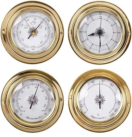 Analoge Wetterstation, Barometer, Thermometer-Hygrometer-Set, Zubehör, Messinggehäuse, 98 mm, Messwerkzeuge, 4-teiliges Wetterstationsset