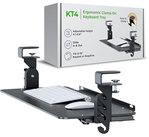Kt4 Clamp on Keyboard Tray, Adjustable Slide Out Drawer for Desk, Height Tilt Adjustable Keyboard Holder, Under Desk Pull Out Tray (Black)