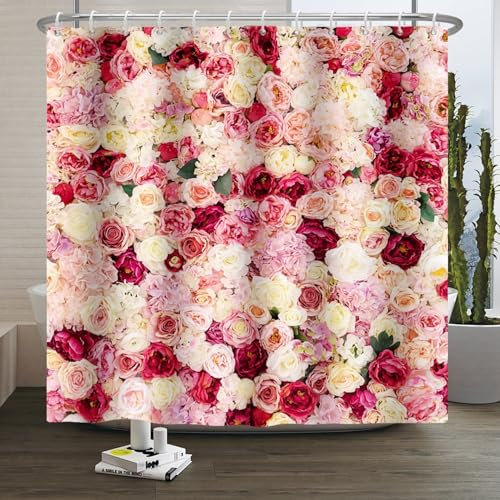 Xiaoterna Frühling Duschvorhang Rosa Blumen Wand Duschvorhang Floraler Duschvorhang 3D Bunte Rosen Duschvorhang Blumen Romantischer Duschvorhang Maschinenwaschbar Wasserdichter Stoff 120x200cm