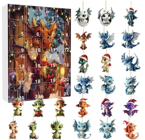 Drachen Adventskalender 2024, 24 Tage Weihnachten Drachen Ornamente Spielzeug Set Zum Sammeln, 2D Acryl Drachen Countdown Kalender, Niedlicher Dinosaurier Anhänger Kalender 2024