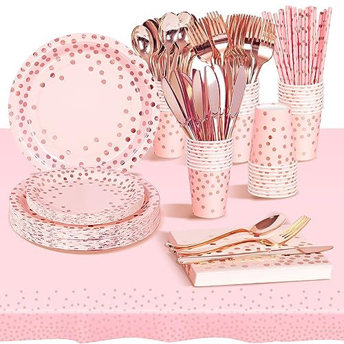 AIPartywar Party Tableware Set, Kids Birthday Party Supplies 226 Piece Pink Rosagold Paper Plates Set Party Plates Cups Napkins Straw Dinnerware for Babyshower Engagement Wedding- 25 Guests