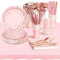 AIPartywar Party Tableware Set, Kids Birthday Party Supplies 226 Piece Pink Rosagold Paper Plates Set Party Plates Cups Napkins Straw Dinnerware for Babyshower Engagement Wedding- 25 Guests