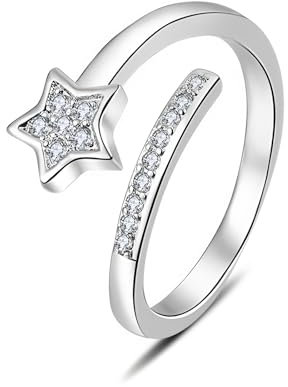Epoch World 925 Sterling Silber Ring Damen Ringe Sterne Offene Verstellbar Cubic Zirkonia Partnerringe Schmuck Silber Ring Stern für Damen Frauen mit Geschenkbox