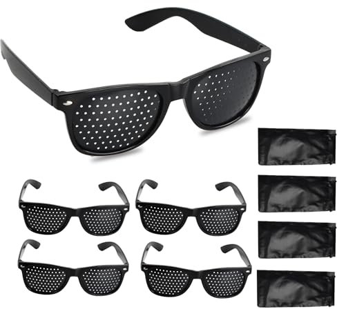 4 Pcs Pinhole Glasses with 4 Storage Bags, Grid Glasses With Small Holes, Eye Trainer Hole Grid Glasses for Eye Training Vision Improvement Relaxation for Children and Adults, Black
