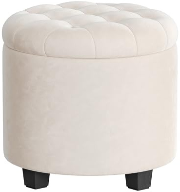 SONGMICS Round Ottoman, Ottoman with Storage, 45 x 45 x 44.5 cm, Foot Rest with Legs, Velvet, Load up to 150 kg, for Living Room, Bedroom, Cream White LOM012W02