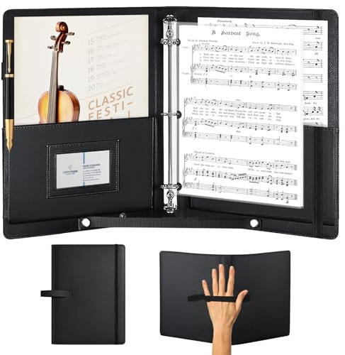 Notenmappe A4, Chormappe Für Musiknoten, PU-Leder-Notenordner Mit 3-Ring-Ordner, Innentasche Und Handgurt, Music Sheet Chormappe Für Musiknoten (Schwarz)