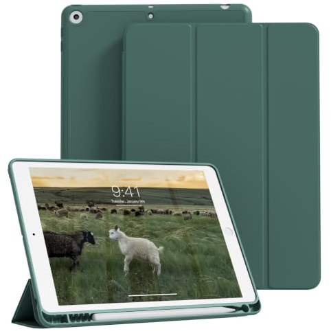 ZOPSGYU Coque pour iPad 9/8/7ème Génération 2021/2020/2019, Vert foncé | pour iPad 10.2 Pouces avec Porte-Crayon, Étui Souple en TPU Antichoc, Ultra-fin et léger, Veille/Réveil Auto