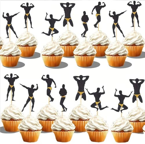 24 Stück Muskelmann Cupcake Topper – Glitzernde Stripper Tortendeko für Junggesellinnenabschied, Bachelorette Party, Frauengeburtstag & Bridal Shower