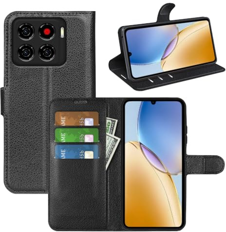 Fertuo Hülle für ZTE Blade A56, Handyhülle Leder Klapphülle Dünn Flip Case Tasche mit Standfunktion, Kartenfach und Magnetschnalle, Silikon Bumper Schutzhülle Cover, Schwarz