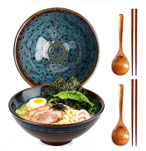 Keramik Ramen Schüssel, 2 Stück Bowl Schüssel mit Essstäbchen und Löffeln, Suppenschalen, Japanisches Suppenschüssel (Blau)