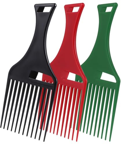 Lurrose Lot de 3 Peignes à Fourche en Plastique Pp pour Cheveux Afro, Bouclés et Épais, Couleurs Noir Vert Rouge, Outil Coiffure Professionnel pour Coiffage, Démêlage et Massage du Cuir