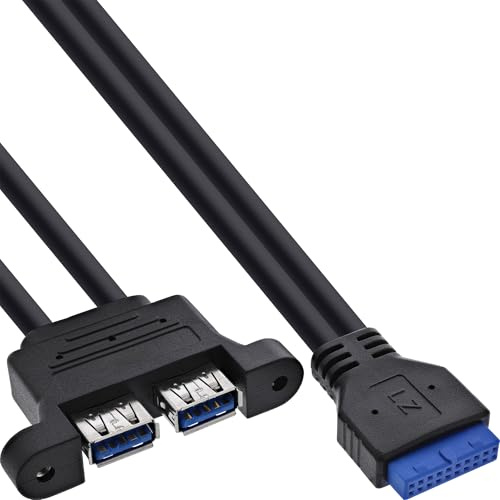 InLine USB 3.2 Gen.1 Kabel 19 Pin auf 2x USB-A Buchse, intern Mainboard Header Adapter mit 5Gb/s, Einbau mit M3 Gewinde, 0,45m, 33390K