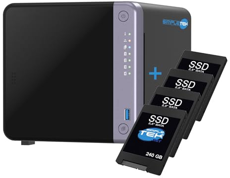 SIMPLETEK - 4-Bay Professional NAS - 10GbE SFP+ and 2.5GbE - 4GB RAM (Max 16GB) - Includes 4x 240GB SSD - 2 M.2 NVMe Slots - Dual Port 2.5GbE