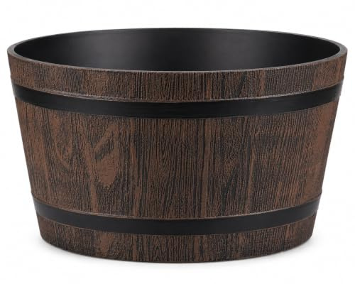Muddy Hands Wooden Barrel Effect Water Feature Container 21 Litre Rustic Outdoor Garden Pond Bowl, Decorative Plastic Planter Style Water Feature Basin, 39.5cm Diameter, No Drainage Holes