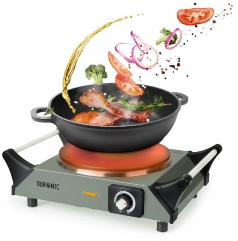 Duronic Electric Hot Plate HP1 GG, 1500W Single Burner Hob, Portable Table Top Cooker with Cast Iron Ring & Cool-Touch Handles for Camping, Caravans, Home, Small Kitchens, Grey Green
