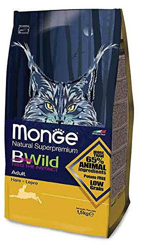 Monge BWild Trockenfutter für Katzen (Katzenfutter trocken getreidefrei, Katzenfutter trocken mit Hasenfleisch, sehr Ballaststoff- & Vitaminreich, hochwertiges Katzen Trockenfutter, 1,5 kg)