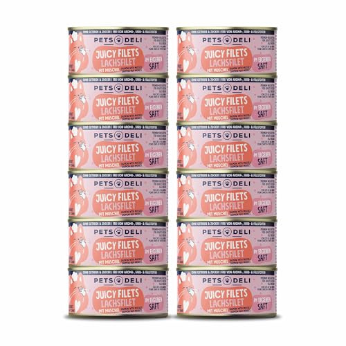 Pets Deli Juicy Filets Nassfutter für Katzen mit Lachs, Muschel, 12x70g | EPA & DHA, zarte Filets im eigenen Saft, mit Miesmuschel für Haut & Fell, getreidefrei, ohne Zucker, Premium Qualität