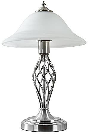 MiniSun | Traditional Style Satin Nickel Barley Twist Table Lamp with a Frosted Alabaster Shade - Complete with a 6w LED Bulb [3000K Warm White] | Table Lamps & Home Essential | Mains Wired