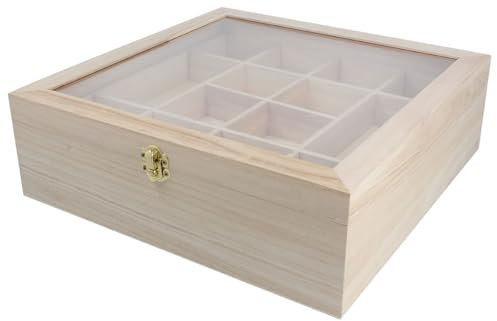 INNSPIRO Holzkiste mit Vitrine 32 x 32 x 10 cm und Trennwände in doppelter Höhe - Naturholz
