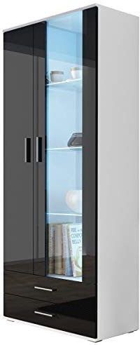 Vitrine mit Blauer LED Beleuchtung SOHO S6 Vitrinenschrank Standvitrine Stauraumvitrine Glasvitrine Schrank Wohnzimmerschrank (Weiß/Schwarz Hochglanz)