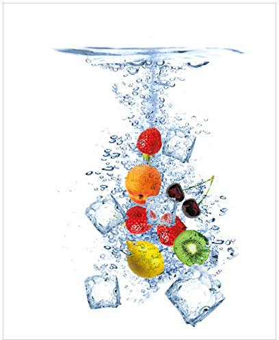 Wallario Sticker/Aufkleber für Kühlschrank/Geschirrspüler/Küchenschränke, Selbstklebende Folie - 60 x 80 cm, Motiv: Obst-Eiswürfel-Mix im Wasser mit weißem Hintergrund
