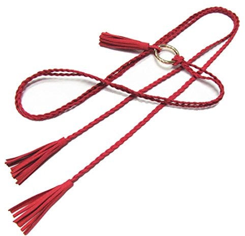 Cheerlife Damen Schmaler Geflochtener Gürtel Vintage Kleider Modegeschmack Flechtgürtel Taillengürtel Stretchgürtel Kleidgürtel Quasten Rot