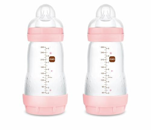 MAM A138 Easy Start Anti-Colic Bottle, Patented with SkinSoft™ Ultra Soft Silicone Teat, for Babies from 2 Months, Pink, Self-Sterilising in 3 Minutes, 260 ml, 2-Pack