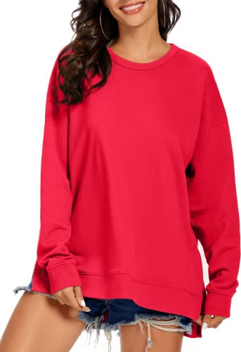 APEIYU Ladies Sweatshirts Long-Sleeve Split-Hem Tunic Tops Oversized Shirts Casual Batwing Loose Blouses Tops T Shirts For Women Red XL