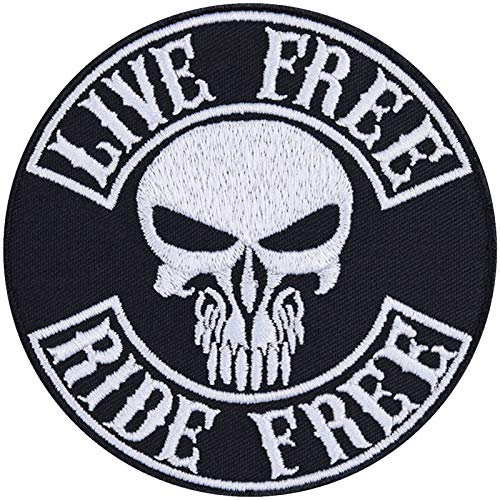 Biker Aufnäher bestickt Live free - Ride free Aufbügler/Patch zum annähen | Jeans Flicken/Bügelbilder Motorrad Applikation für Leder und Motorradzubehör | 90x90mm