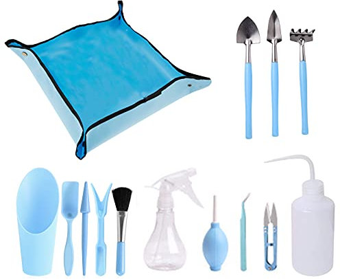 Kit d'outils pour plantes grasses, 14 mini outils de jardin à main + 1 tapis de rempotage, râteau pour plantes d'intérieur, outils à main, gadget pour transplanter les semis en plein air, bleu