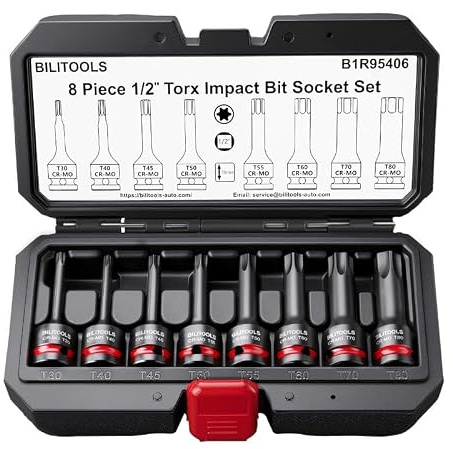 BILITOOLS 8-tlg. 1/2 Torx Kraft Schlag-Bit-Steckschlüssel-Satz (T30-T80), einteilige Cr-Mo Stahl Bit-Stecknüsse, Steckschlüsseleinsätze Werkzeug KFZ