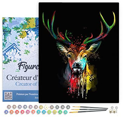Figured'Art Malen Nach Zahlen Erwachsene Mit Rahmen Hirsch in Farbe - Paint by Numbers Basteln DIY Bastelset 40x50cm - Leinwand gespannt auf Holzrahmen