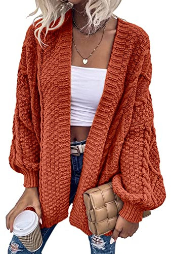 Dyexces Womens Oversized Cardigan Sweaters Open Front Cable Knit Lantern Long Sleeve Chunky Outwear Coats, Orange Red, L