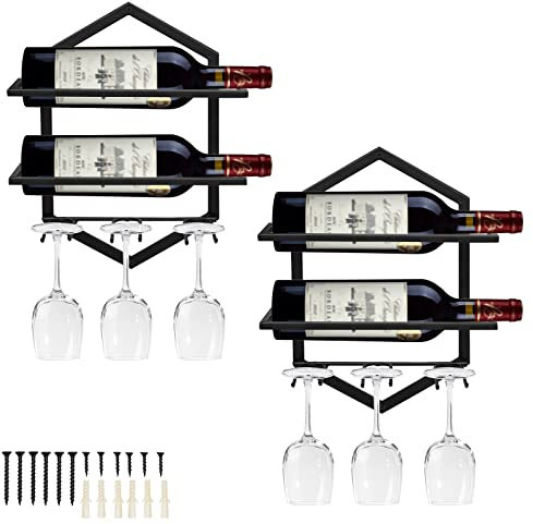 Portabottiglie da Parete in Metallo Calice Espositore per, Montaggio a Parete Portabottiglie Vino per 2 Bottiglie e 3 Bicchieri Conservazione, Bottiglie Supporti per Cucina Bar Display (Nero 2)