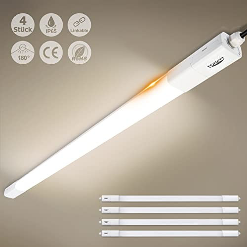 TONFFI 4 Stück Feuchtraumleuchte LED 115cm 36W Led Röhre, IP65 Wasserfest Verknüpfbar Feuchtraumlampe Werkstattlampe Kellerlampe Garagenlampe Deckenleuchte für Bad Büro Warenhaus,Neutralweiß 4000K