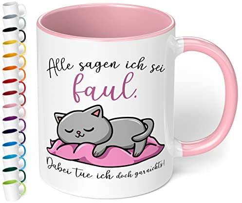 Lustige Tasse für Faule „Alle sagen ich sei faul, dabei tue ich doch gar nichts!“ mit süßem Katzemotiv – Kaffeetasse als Geschenk für Kollegen und Freunde zum Geburtstag, Weihnachten (Rosa)
