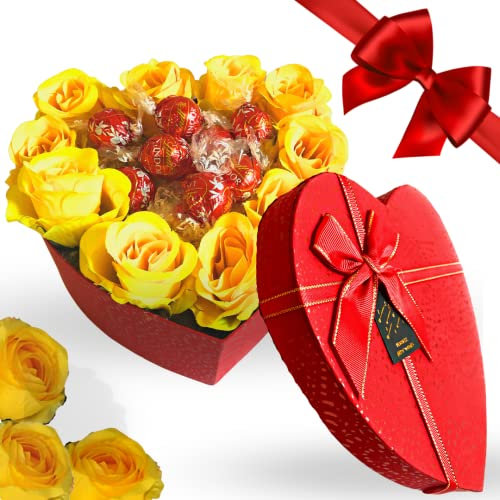 Idee Regalo San Valentino e Festa della Donna 2025 - Cofanetto a Cuore con Rose Artificiali Gialle + 130gr Cioccolatini Al Latte