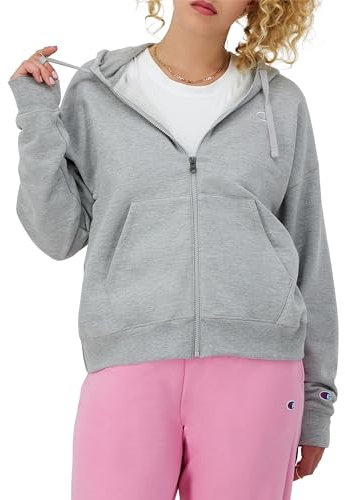 Champion Damen-Sweatshirt mit Reißverschluss, Powerblend, Kapuzen-Sweatshirt mit Reißverschluss (Plus, Oxford Gray C Logo, M