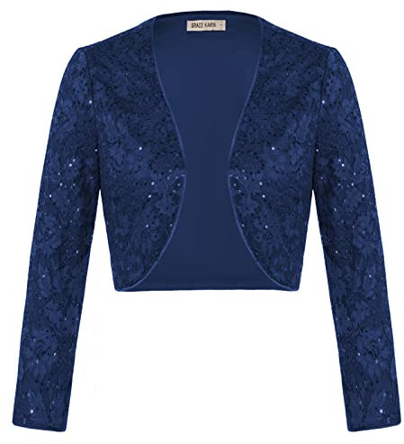 Damen Langarm Pailletten Bolero Glam Jacke Disco Funken Beschnittener Shrug Blau L