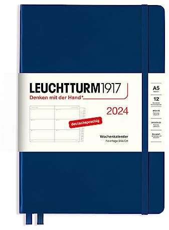 LEUCHTTURM1917 367611 Wochenkalender Medium (A5) 2024, mit Extraheft für Adressen und Jahrestage, Marine, Deutsch, 12 Monate