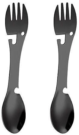 JOCXZI Portable Multifonction Cuillère,ouvre-boîte portable,Couverts de camping,5 en 1,Cuillère à fourchette multifonctionnelle en acier inoxydable en Dent de Scie Cutter,pour Camping Pique-nique,2pcs