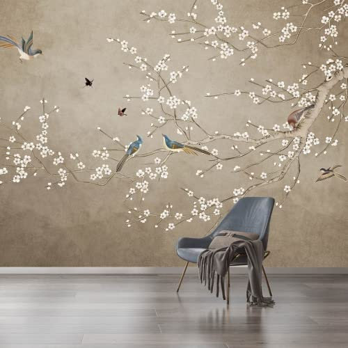 Tapete 3D Wandbild Zweig Pfirsichblüte Vogel Fototapete 3D Effekt Vliestapete Wohnzimmer Schlafzimmer Wanddeko