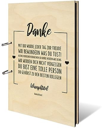 Personalisiertes Fotoalbum echtes Holz DIN A4 Abschiedbuch mit Lasergravur - Kollegen - mit 25 Blatt / 50 Seiten Fotokarton Schwarz
