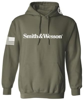 Smith & Wesson Offiziell lizenzierter Herren-Kapuzenpullover, langärmelig, mit amerikanischer Flagge und S&W-Logo, Militär, Grün, X-Large