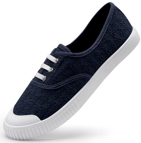 Harvest Land Womens Canvas Shoes Low Top Flat Gym Sports Pumps Trainers Lace Up Flat Ladies Girls Fashion Pumps Blue UK 7.5
